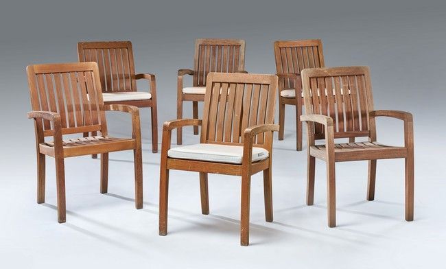 Null SIX GARDEN CHAIRS in teak with rectangular back and seat with openwork bars&hellip;