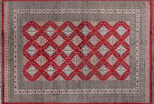 Null TAPIS rectangulaire en laine à décor géométrique sur fond rouge, large bord&hellip;