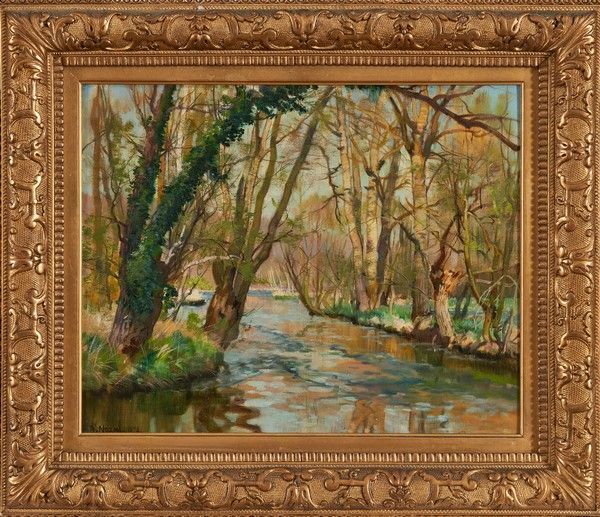 Null 亚历山大-诺扎尔(1852-1929)

树木之间的河流

布面油画，左下方有签名，日期为1898年。

32 x 40 厘米

在一个木制和镀金灰泥&hellip;