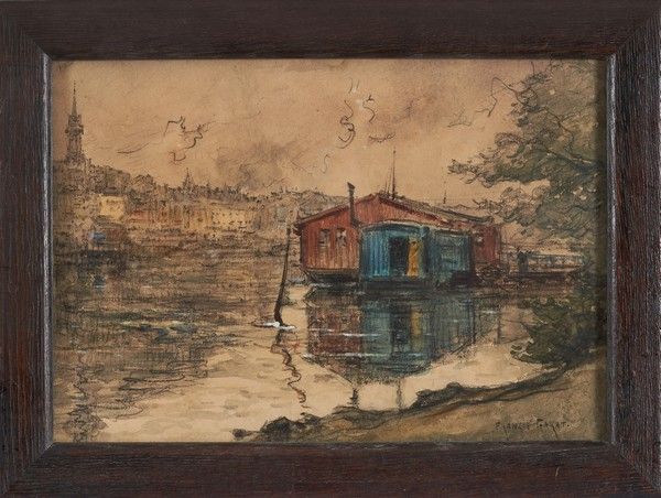 Null 弗朗西斯-加拉特(1853-1914)

河上的漂浮屋

铅笔和水彩画，右下方有签名。

18,5 x 26 cm
