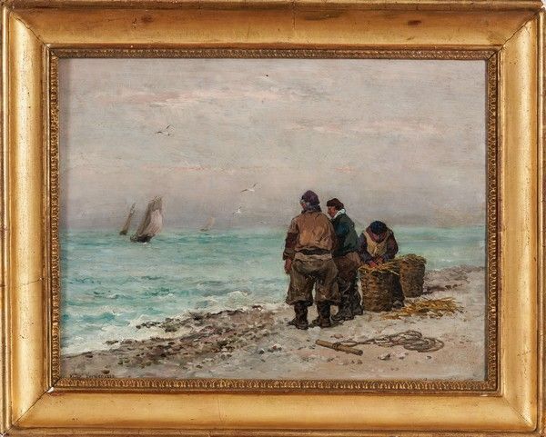 Null 埃米尔-维尔尼耶 (1829-1887)

岸上的渔民

板面油画，左下方有签名和日期1880年。

31 x 41 厘米

(Parquetage)