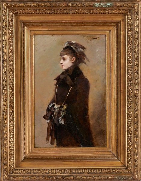 Null 露易丝-阿贝玛 (1858-1927)

穿着大衣和羽毛的女人

板面油画，右上方有签名，日期为1851年。

47 x 30厘米

在一个粉刷和镀金&hellip;