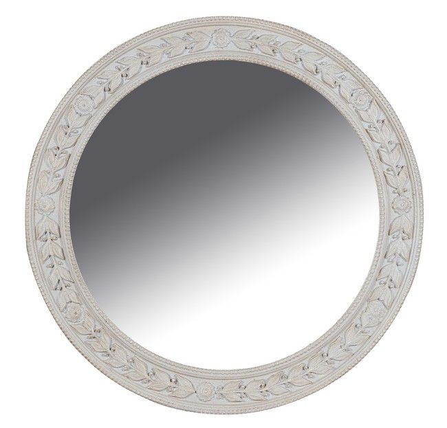 Null 雕刻和灰色漆木的圆镜，有叶子，珍珠和风格化的花朵，斜面镜。

帝国风格，20世纪。

直径80厘米