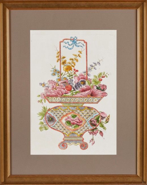 Null LITHOGRAPHY in colors representing a Chinese flowered vase.

(Under glass)
&hellip;