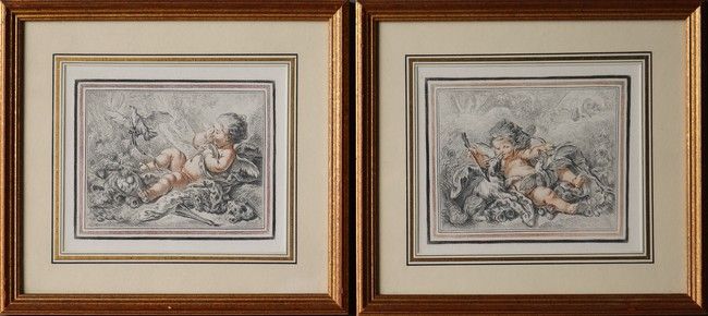 Null 两幅彩色复制品，仿照弗朗索瓦-布歇的雕版，表现丘比特。

15 x 18厘米

(玻璃下)