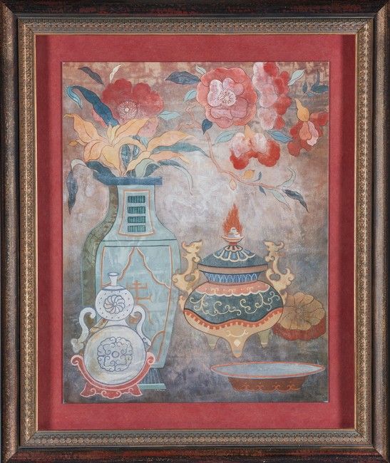 Null 有框装饰画，表现的是玻璃花瓶、有盖锅和咖啡壶的静物。

115 x 96 cm