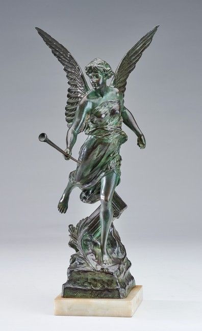Null 在埃米尔-路易斯-皮科特（1833-1915）之后

胜利的寓意

绿色铜质证明，签名并标有 "青铜"，置于白色玛瑙底座上。

高47厘米