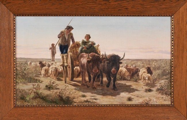 Null 在罗莎-邦霍尔（1822-1899）之后

前往市场的兰德斯农民

布面油画，无签名。

49 x 86 厘米

(恢复)