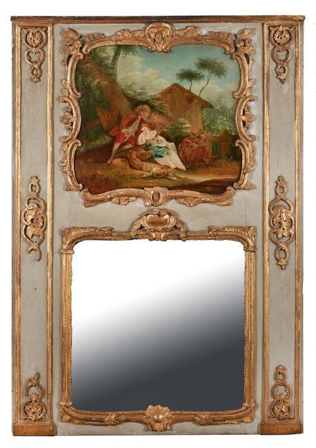 Null 一件彩绘和镀金的木制行李箱，在贝壳和花朵的框架内，装饰有一幅Jean-Baptiste HUET（1745-1811）风格的画布，下部有一面水银镜，由&hellip;