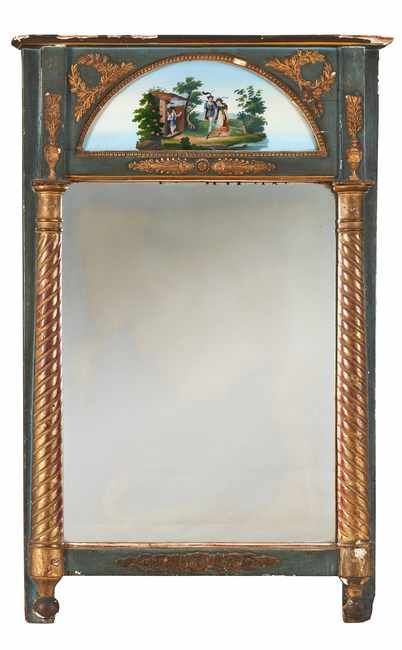 Null 长方形镜框，绿漆背景，镀金扭曲的半圆柱，玻璃下半圆形的英勇场景，周围有月桂花环和棕榈树。
复古风格，浪漫主义时期，约1830-1840年
整体：95,&hellip;