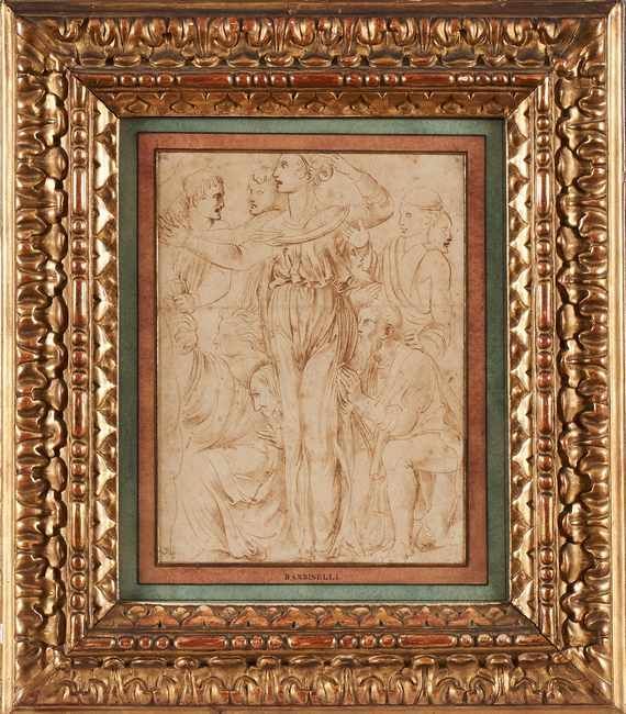 Null 16世纪的意大利学校
遵循大师精神的人物群像
钢笔和棕色墨水。
24,8 x 18,8 cm
(横向折叠，有缺憾)

出处：前Rignault收藏，左&hellip;