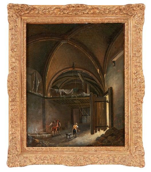 Null 皮埃尔-安托万-德马赫 (1723-1807)
巴黎的哥特式穹顶室内的燕麦锅炉（？）
布面油画，右下角有签名。
41 x 33 cm
(带框，修复)