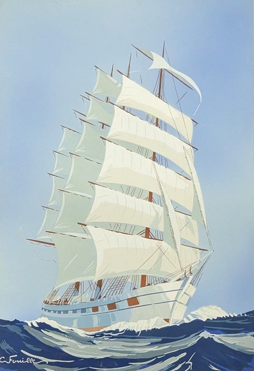 Null Georges FOUILLE (1909-1994) 
Trois-mâts
Pochoir signé.
43 x 30 cm (à vue)