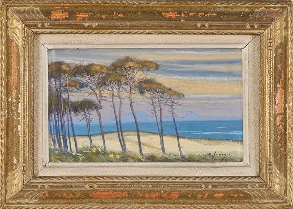 Null 让-罗杰-苏根（1883-1978 年）
海岸边的松树，地平线上是罗纳河和三冠王山
木板油画，右下方有签名。
14.5 x 24 厘米