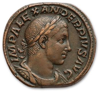 Null ALEXANDER SEVERE (222-235)
Sesterce.罗马（233）。
他的月桂冠半身像，右侧有披肩和护肩。
R/ 太阳，举起右手，&hellip;