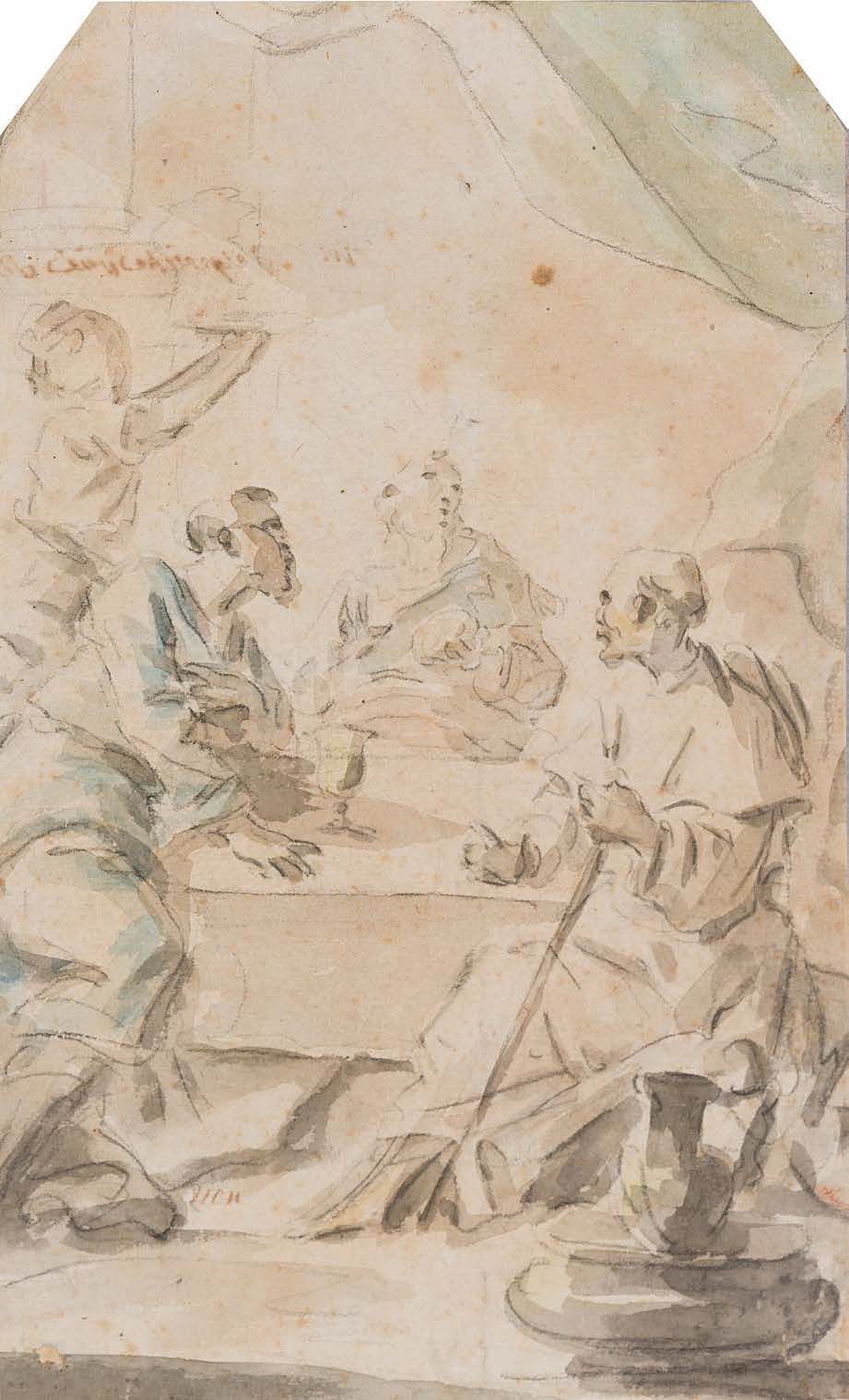 Joseph Marie VIEN (Montpellier 1716 - Paris 1809) Emmaus
黑石、红粉笔、灰水和水彩高光，上角被剪掉，在一&hellip;