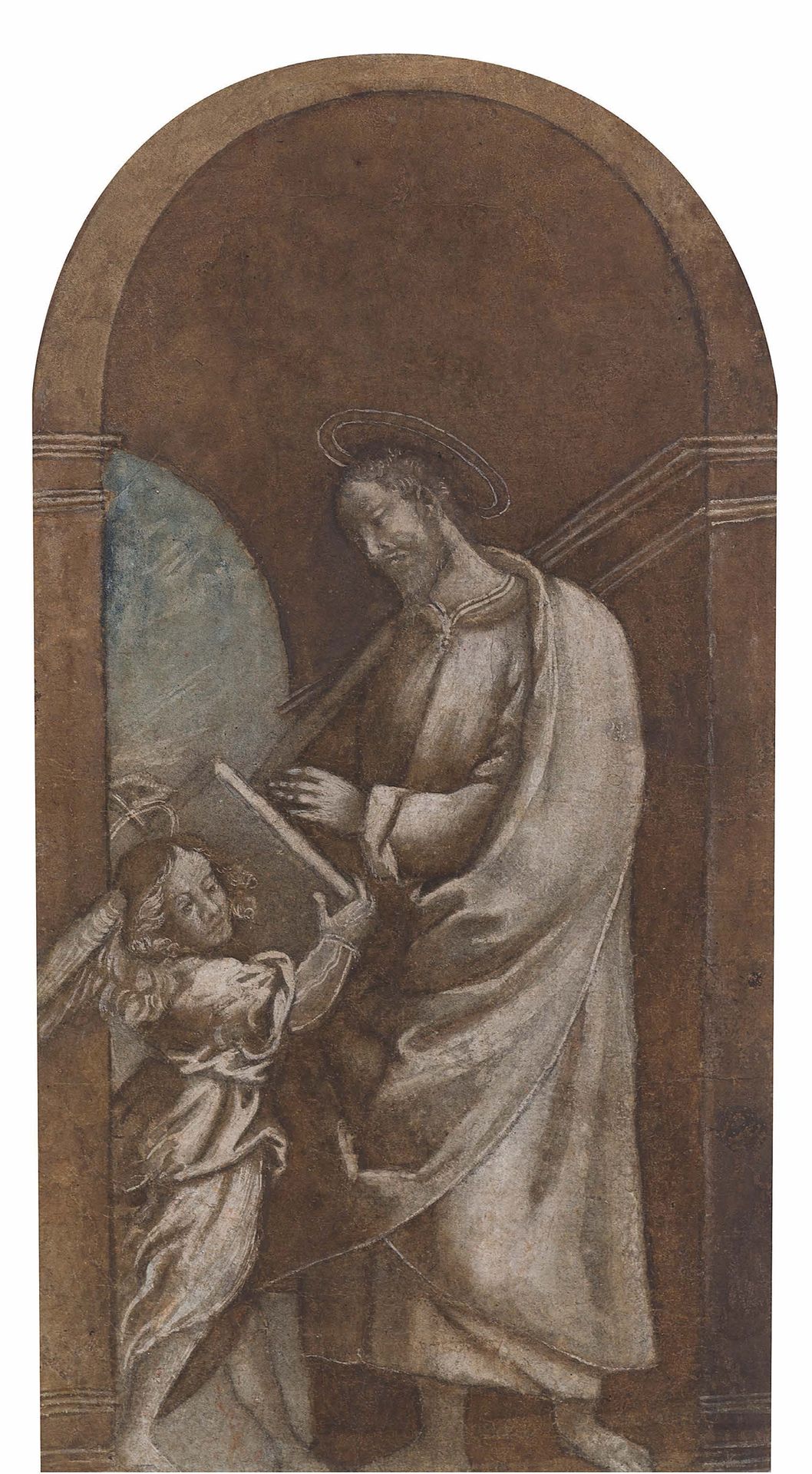 Gaudenzio FERRARI (Valdugia 1475 - Milan 1546) 圣马修和天使
蓝纸上的黑石、钢笔和棕色墨水、棕色水洗、白色高光，弯&hellip;