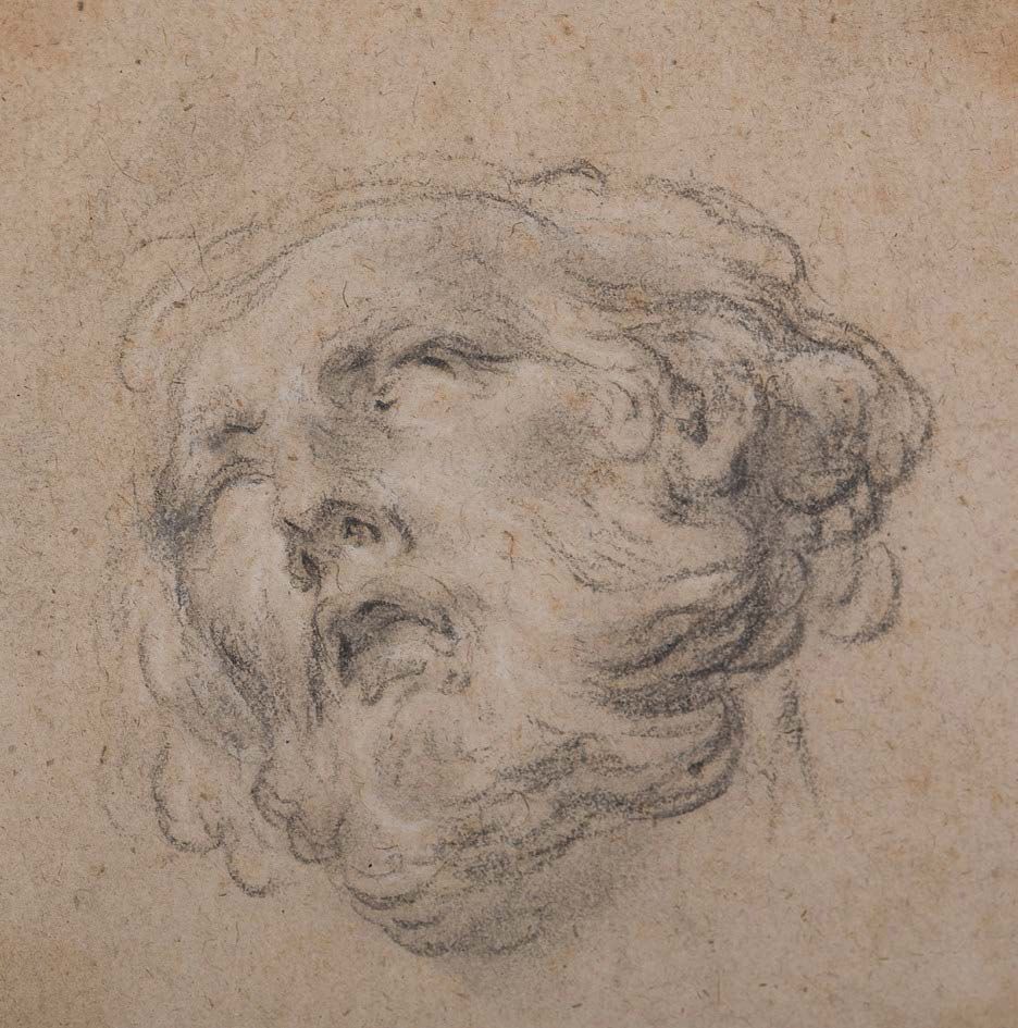 François LE MOYNE (Paris 1688 - 1737) 大胡子头像
米色纸上的黑石和白色亮点 10.5 x 10 cm
参考文献：
- J-&hellip;
