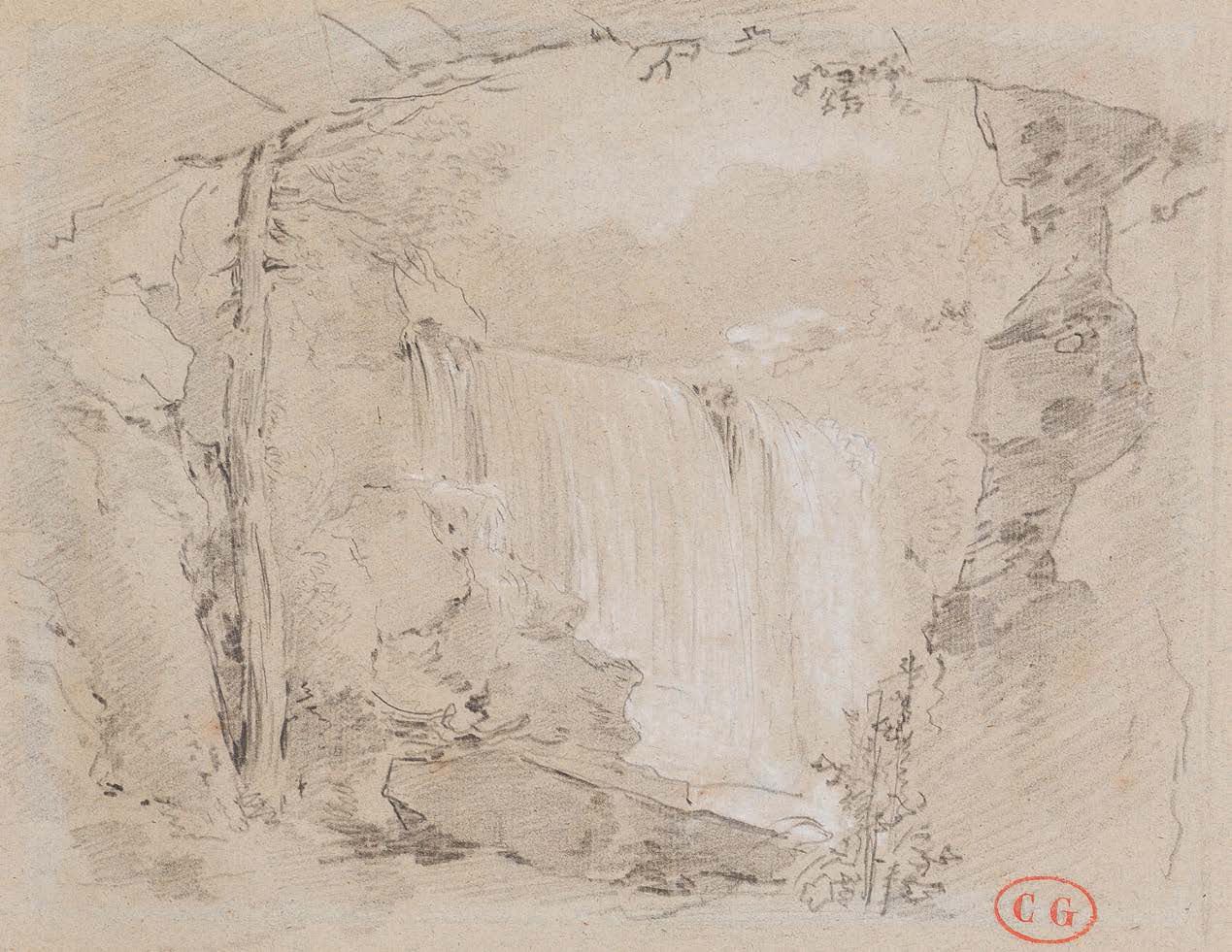 Attribué à Joseph Marie VIEN (1716 - 1809) Une cascade Pierre noire et rehauts d&hellip;