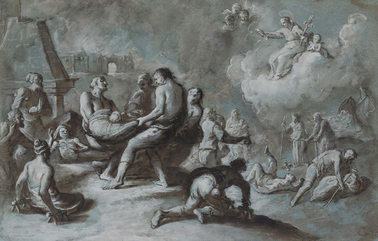 Ecole ITALIENNE de la fi n du XVIIème siècle 帕多瓦的圣安东尼为病人祈福 黑色和棕色水洗，蓝色纸上的白色高光 23.&hellip;