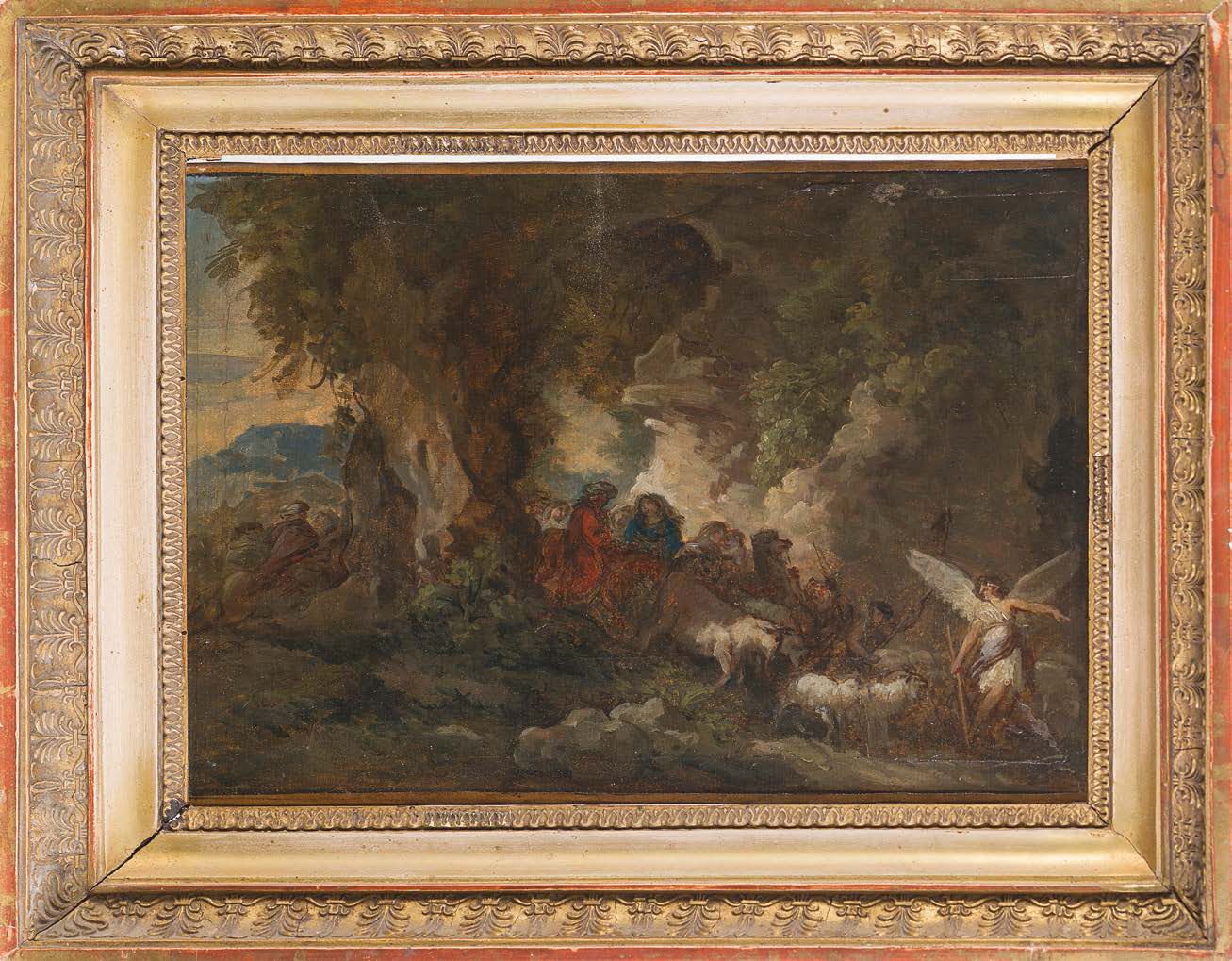 Jean Jacques LAGRENEE (Paris 1739 - 1821) 大篷车场景与飞往埃及
画布上的泥灰纸 23 x 33 cm
(损坏和修复)