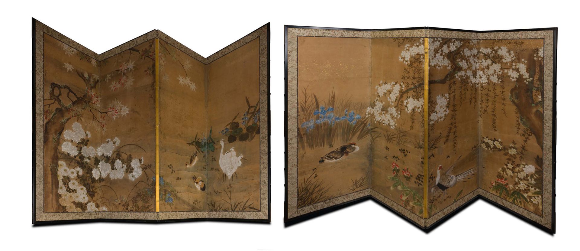 Null Pair of four-leaf screens painted in colors and gofun on gold speckled pape&hellip;