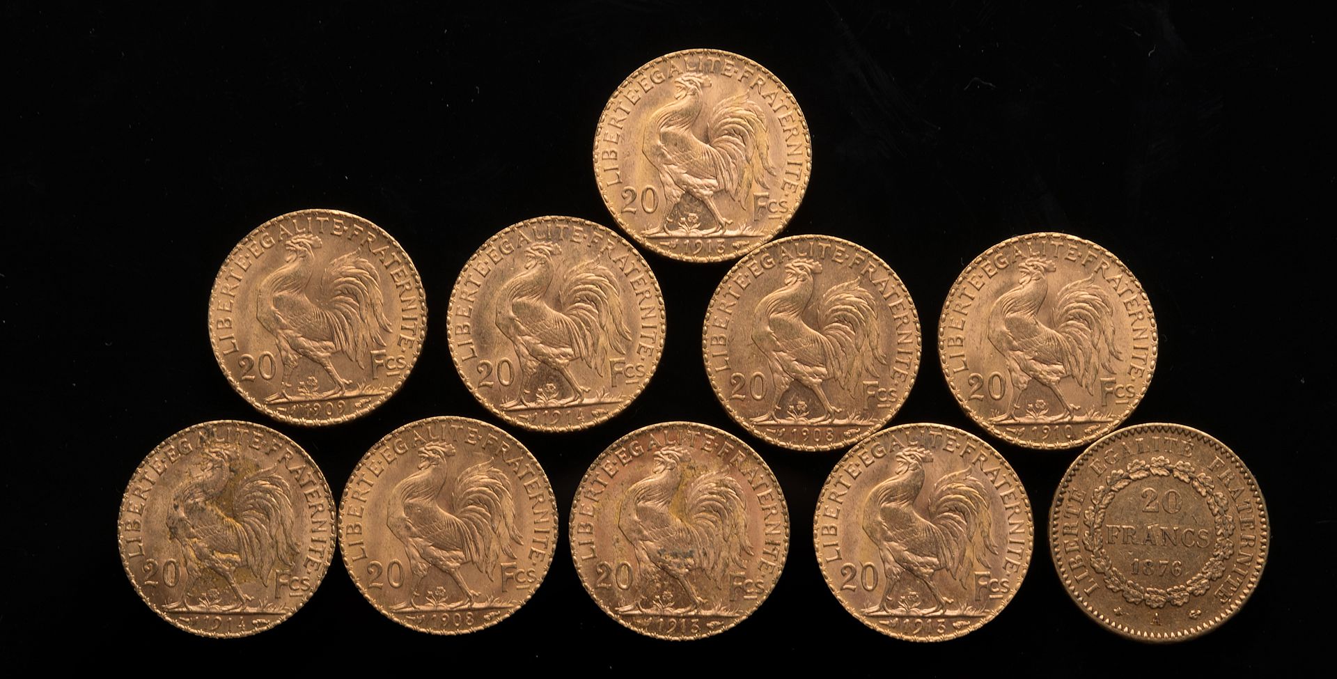 Null 
[VENDIDO EN LA FOTO Y DESIGNACIÓN] Diez monedas de oro de 20 francos:



-&hellip;