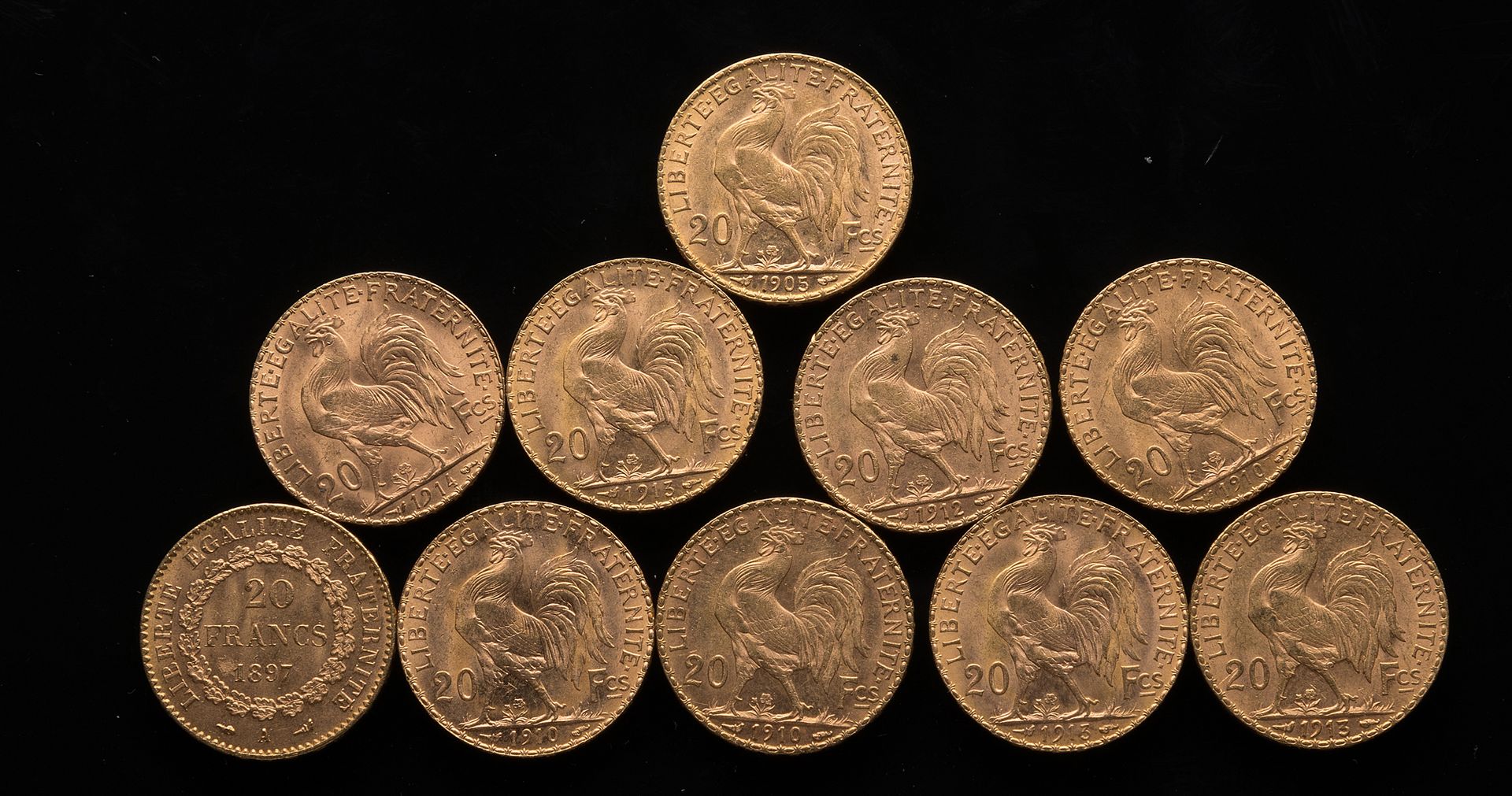Null 
[根据照片和图案出售] 10枚20法郎金币。



- 致精灵: 1897



- 1905年、1910年3次、1912年、1913年3次和191&hellip;