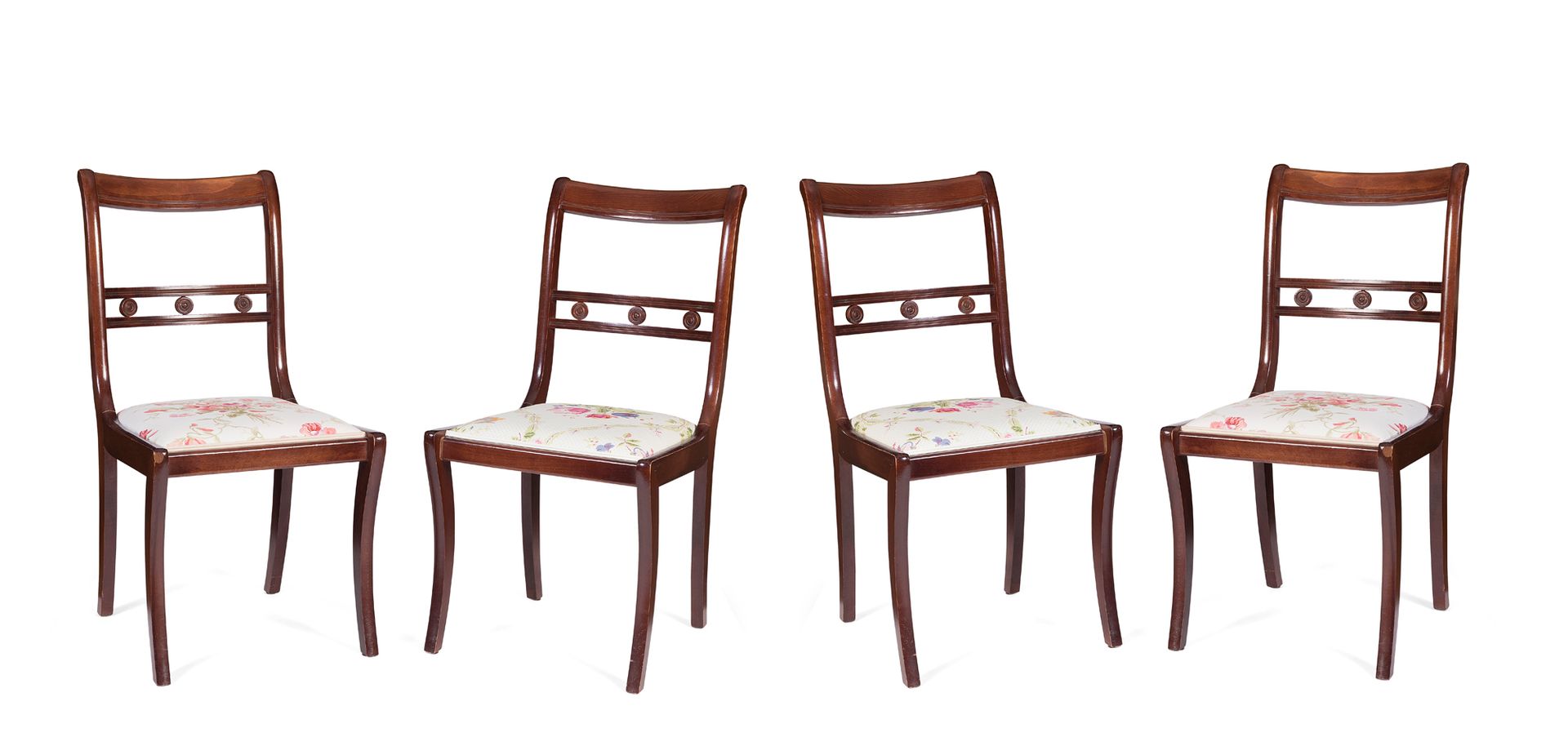 Null Suite of four chairs in molded and varnished wood. The openwork backs with &hellip;
