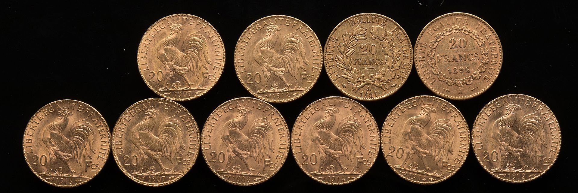 Null 
[根据照片和图案出售] 10枚20法郎金币。



- 瑟雷斯：1851年



- Au genie: 1896



- 1907年×2，190&hellip;