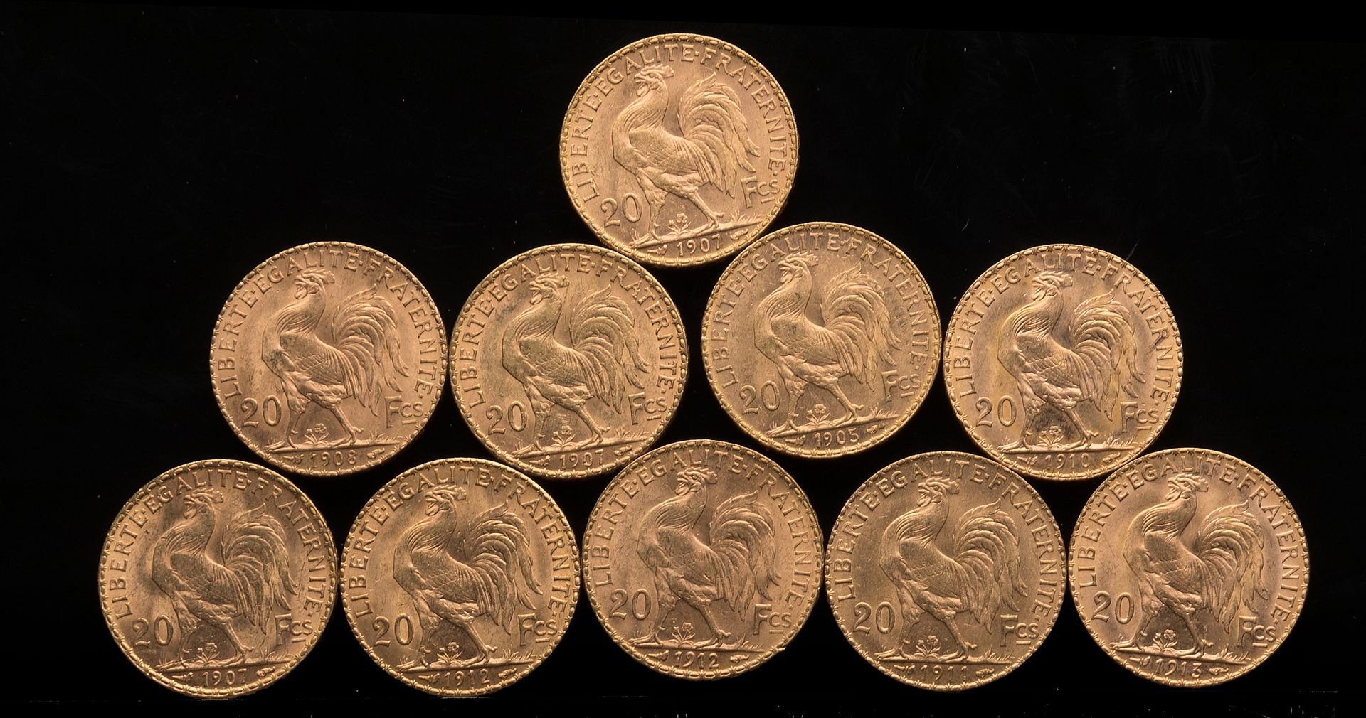 Null 
[VENDU SUR PHOTO ET DESIGNATION] Dix pièces de 20 Francs or : 1905, 1907 x&hellip;