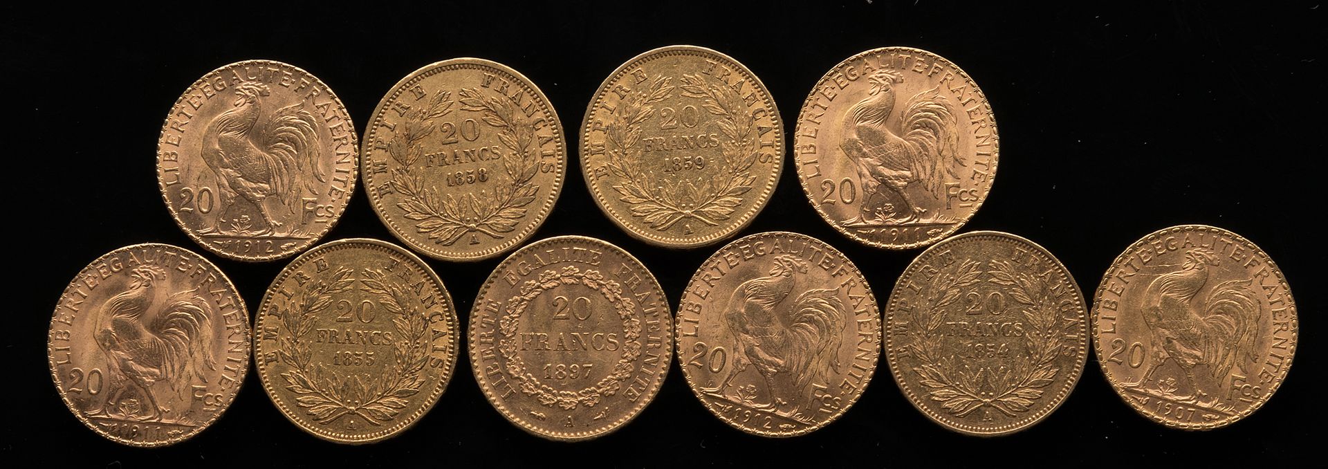 Null 
[Dieci monete d'oro da 20 franchi:



- Quattro Napoleoni: 1854, 1855, 185&hellip;