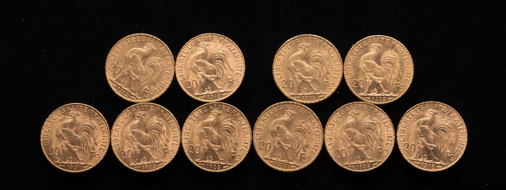 Null 
[VENDIDO EN FOTO Y DESIGNACIÓN] Diez monedas de oro de 20 francos: 1907, 1&hellip;