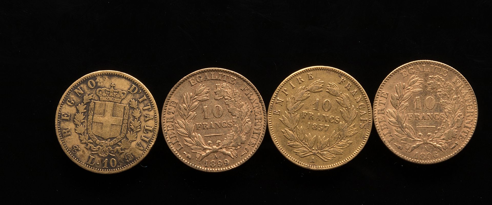 Null 
[根据照片和图案出售] 四枚10法郎金币。



- 三枚硬币 法国



- 10里拉



重量：12.78克