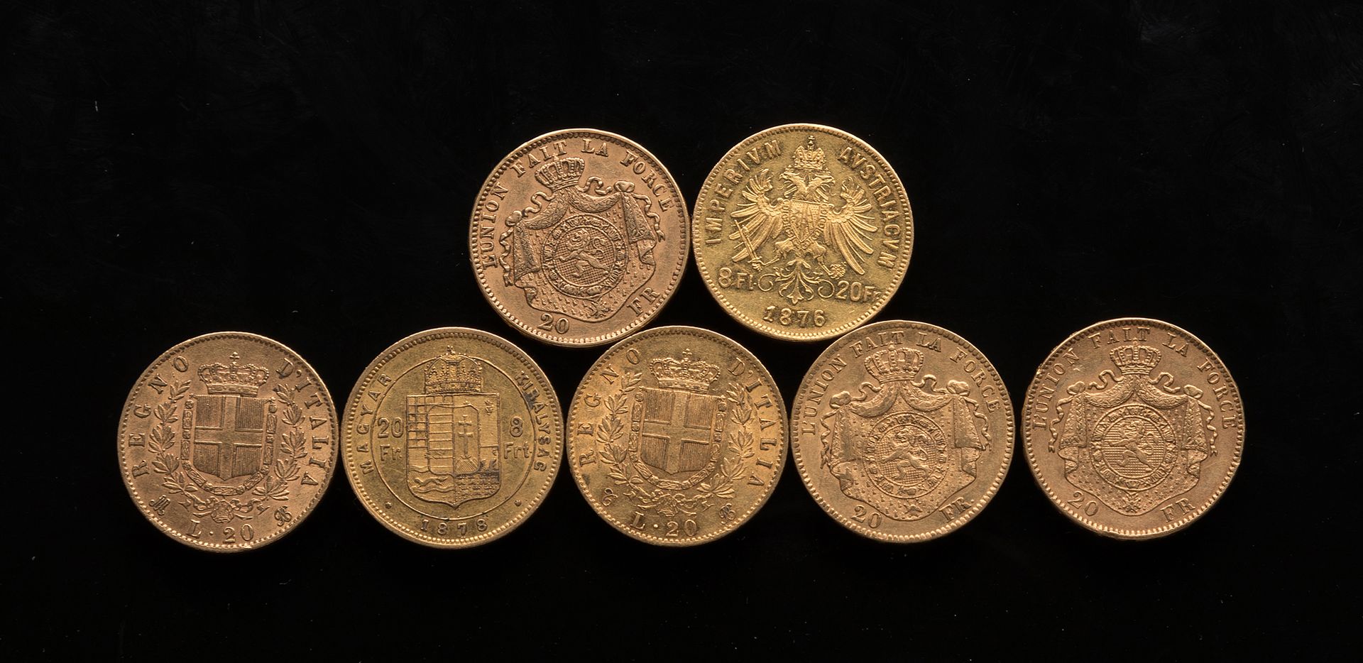 Null 
[根据照片和图案出售] 七枚20法郎金币。



- 三枚比利时国王的硬币



- 两枚硬币 维托里奥-埃马纽埃尔



- 一枚硬币 奥地利

&hellip;