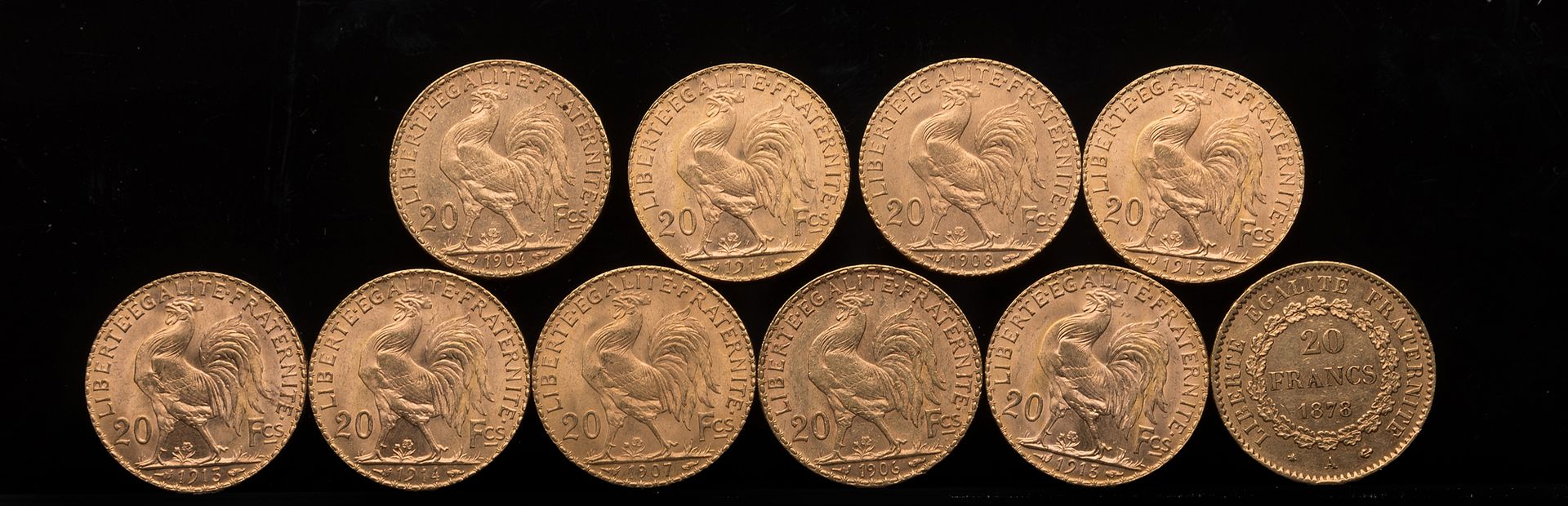 Null 
[Dieci monete d'oro da 20 franchi:



- Al genio: 1878



- 1904, 1906, 19&hellip;