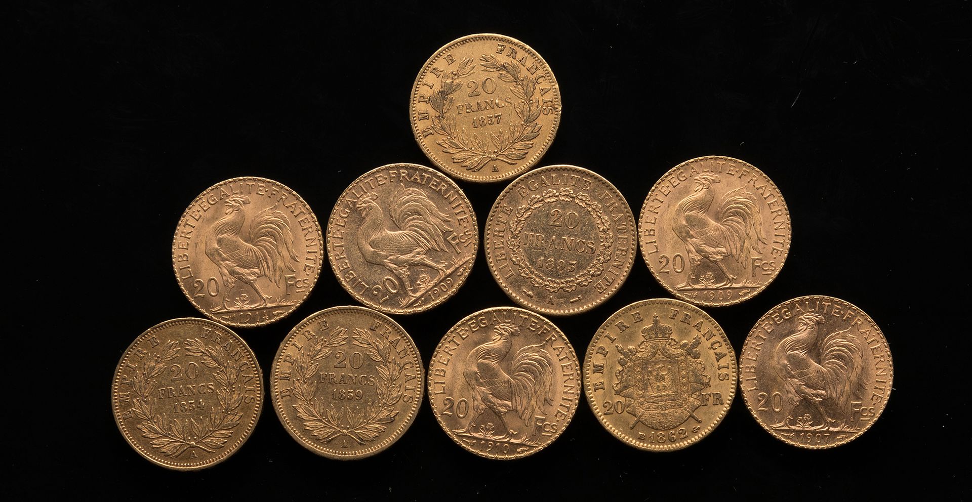 Null 
[SOLD ON PHOTO AND DESIGNATION] Ten 20 Franc gold coins:



- Four Napoleo&hellip;