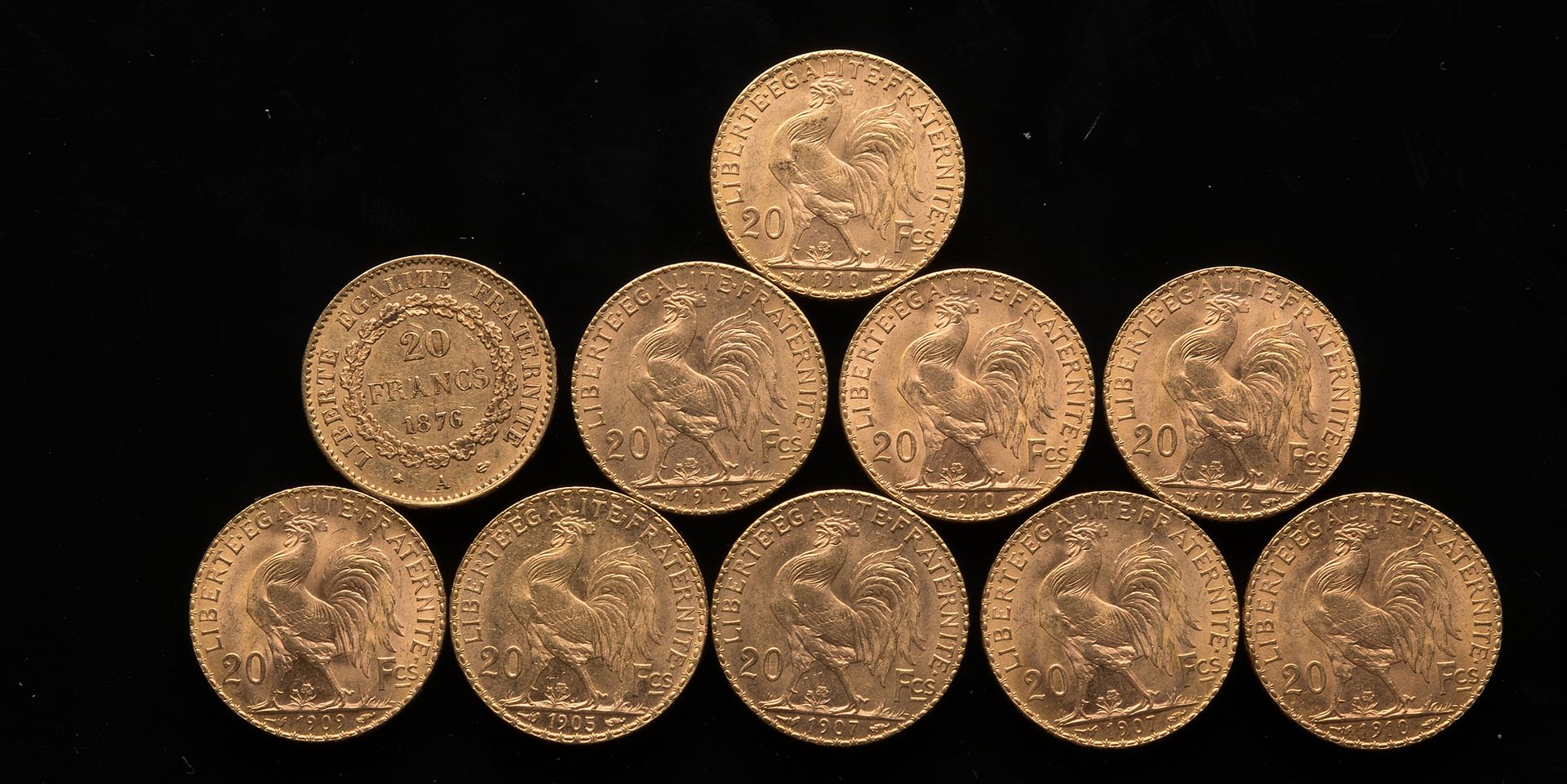 Null 
[Dieci monete d'oro da 20 franchi:



- Al genio: 1876



- 1905, 1907 x 2&hellip;