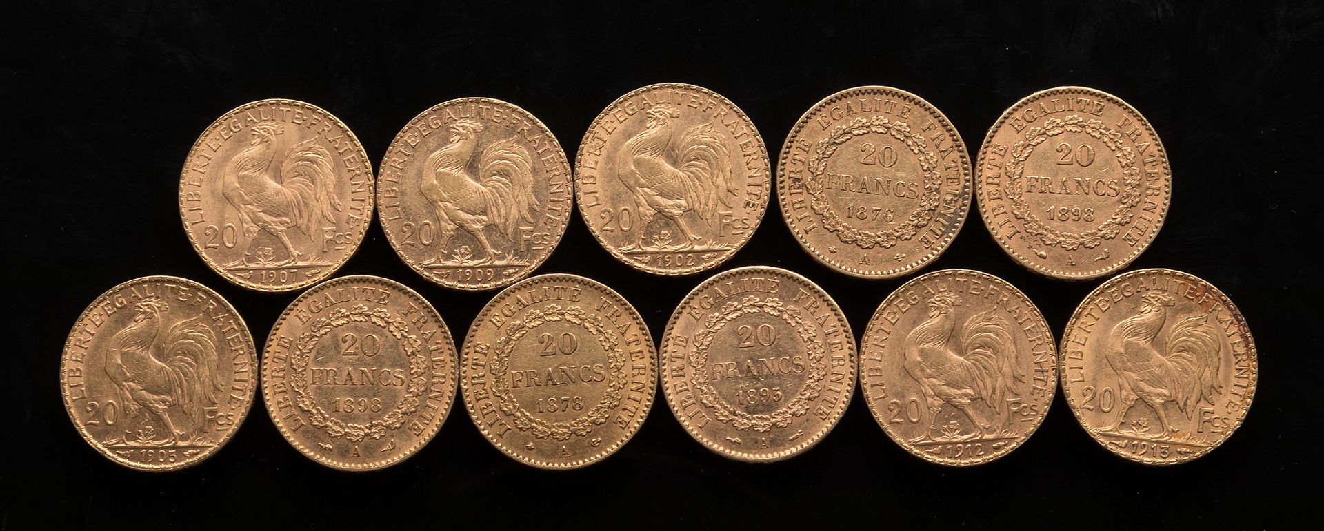 Null 
[Undici monete d'oro da 20 franchi:



- Cinque monete in genio: 1876, 187&hellip;