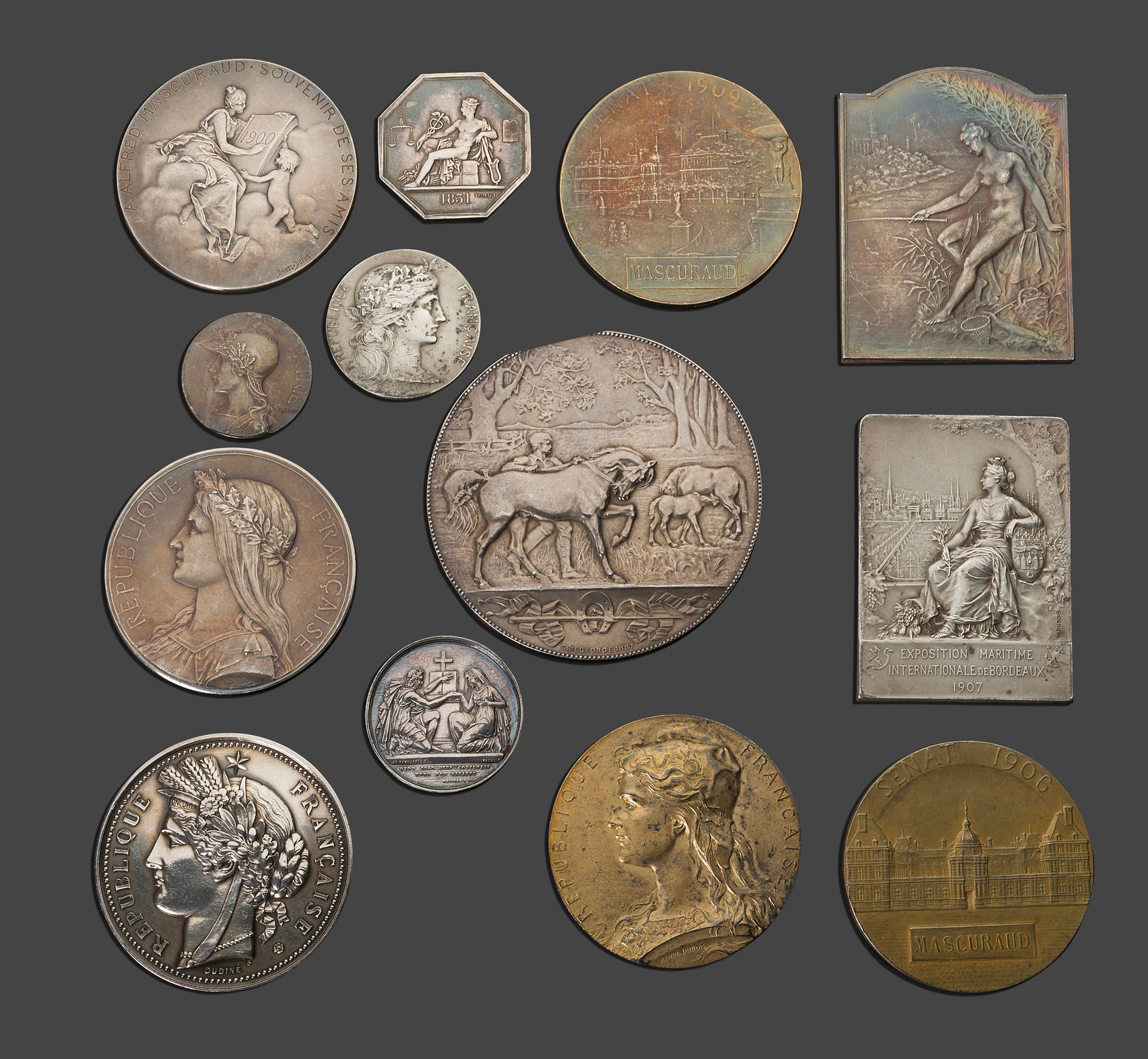 Null 十三枚银质或银质镀金奖牌（925）：巴黎大教堂，Prud'hommes，Maréchaux-ferrants，波尔多展览1907...

19世纪和2&hellip;