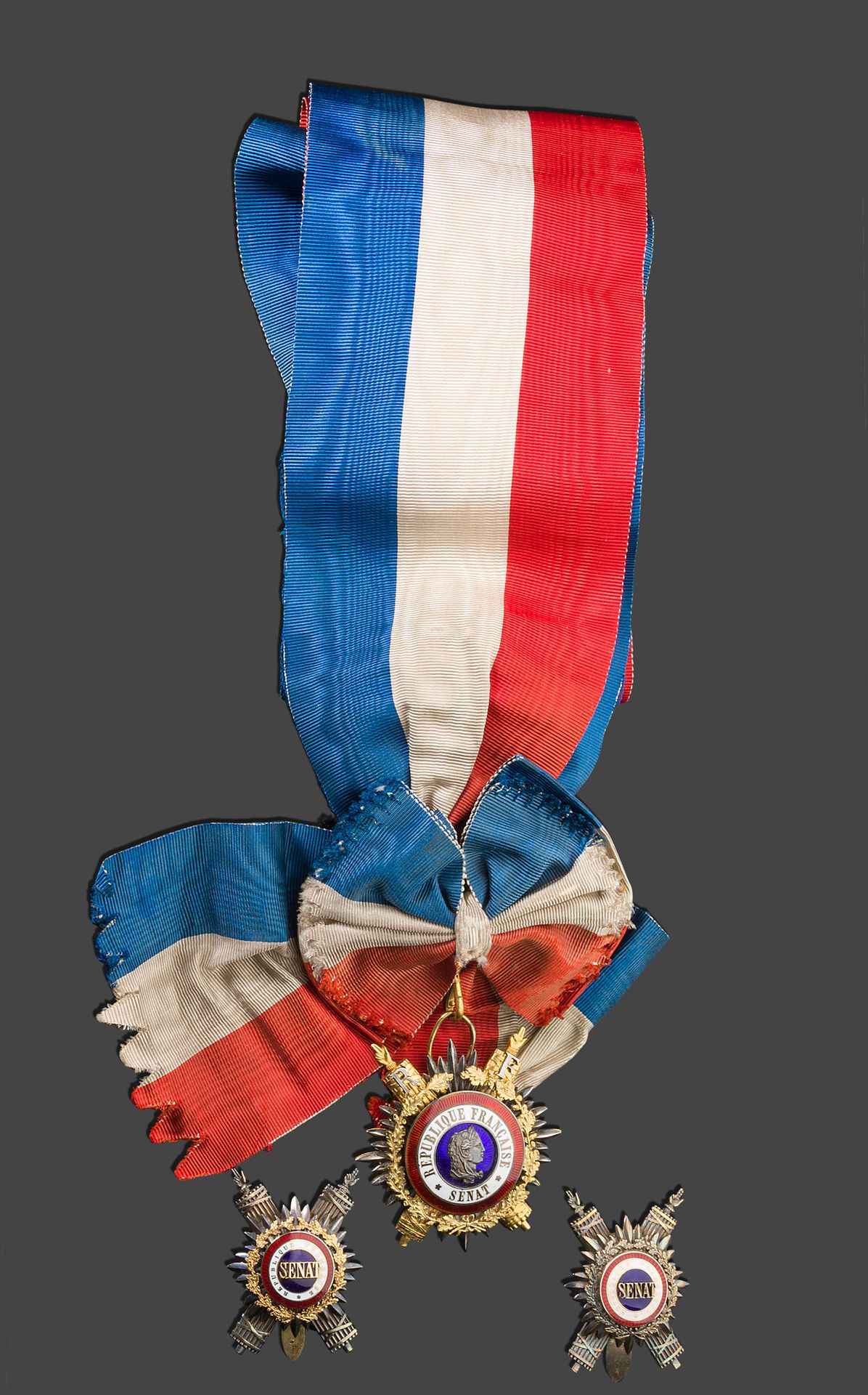 Null 法国 - 参议院

三枚参议员的徽章，带舵手，中心是蓝色、白色和红色的珐琅，周围是橡木冠。

带三色摩尔绸带的奖章和两个徽章，银色和银色鎏金（925）&hellip;