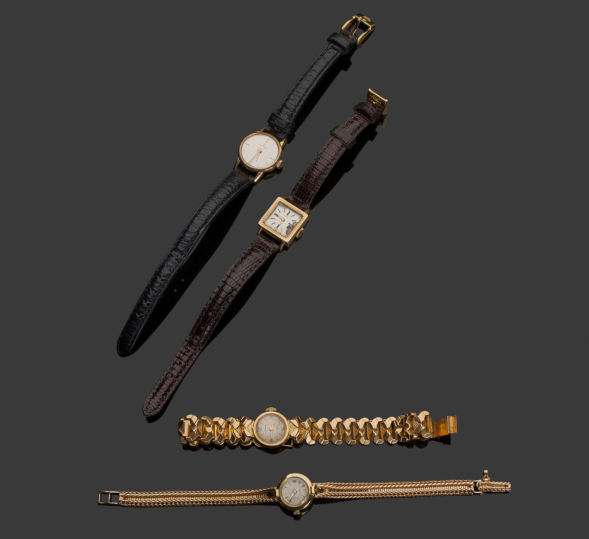 Null 两款18K金女式腕表，由MOVADO和CAPRI制作。

毛重44,68克

两只欧米茄和帝舵表的金属女表，皮表带