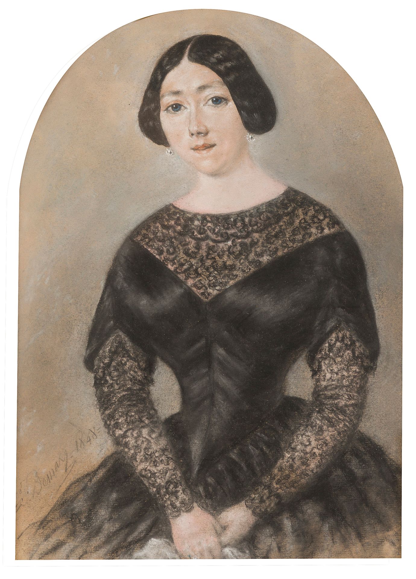 Null 19世纪的法国学校

戴珍珠的女人

纸上炭笔和水彩画

难以辨认的左下方签名，日期为1848年

28 x 20 cm