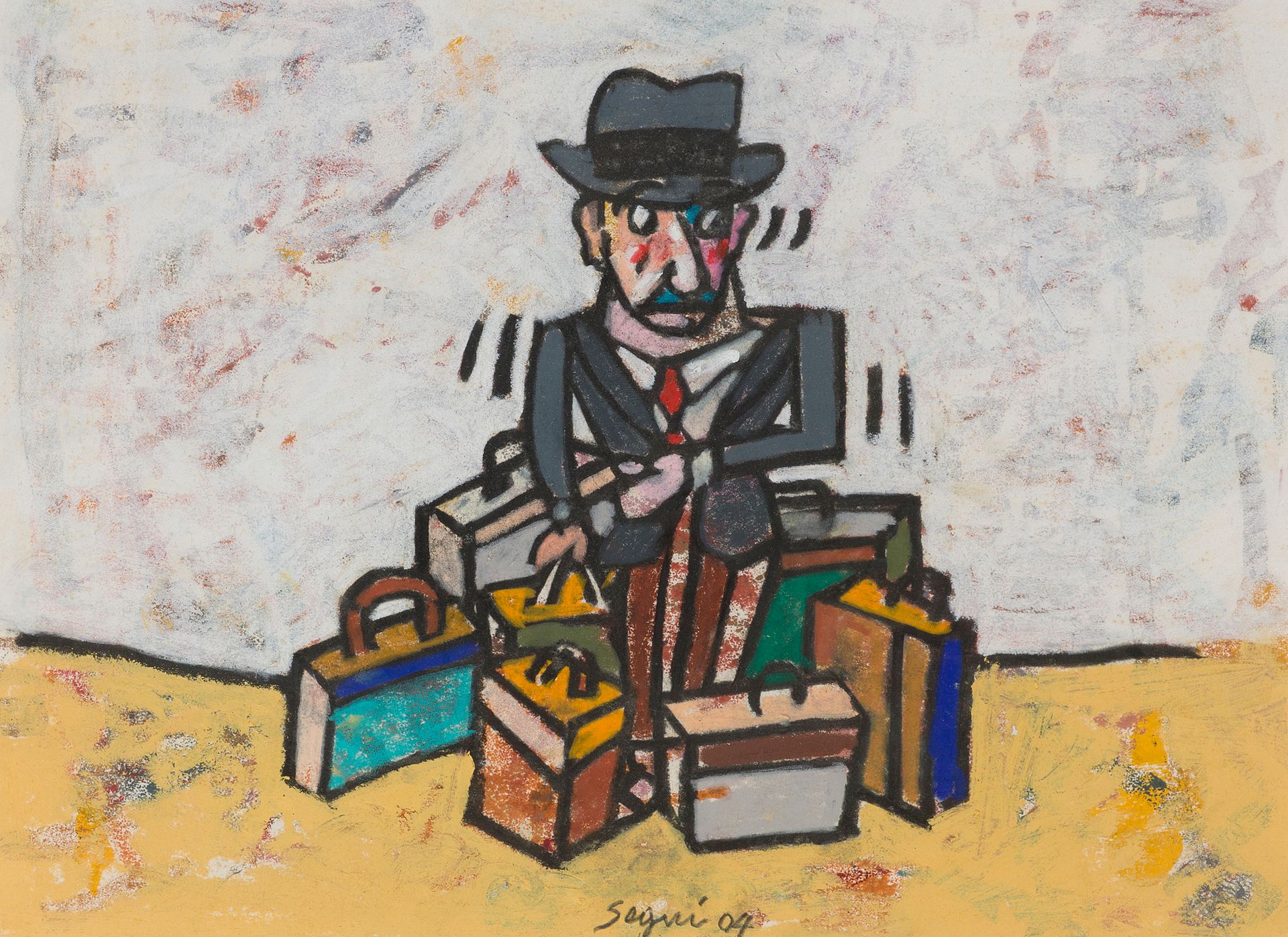 Null 安东尼奥-塞古伊（生于1934年）

带行李箱的人物

纸板上的粉彩画，中下部有签名和日期04

30 x 41 cm (见图)