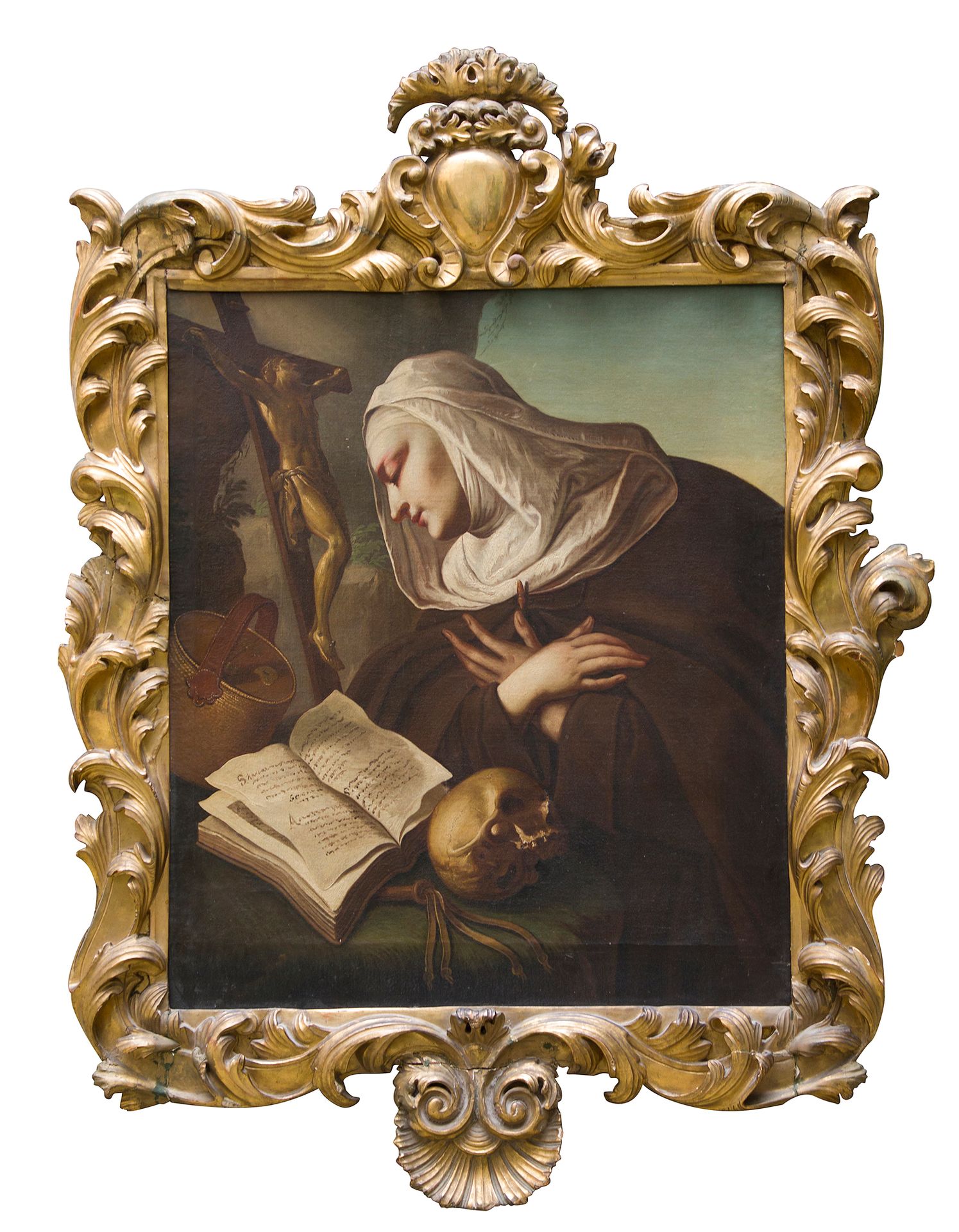 Null 18世纪初的维尼特画派

尼姑在十字架前敬拜

布面油画

98 x 83.5 cm



木质和镀金灰泥的时期框架，装饰有罗盖尔、叶子和卡图。