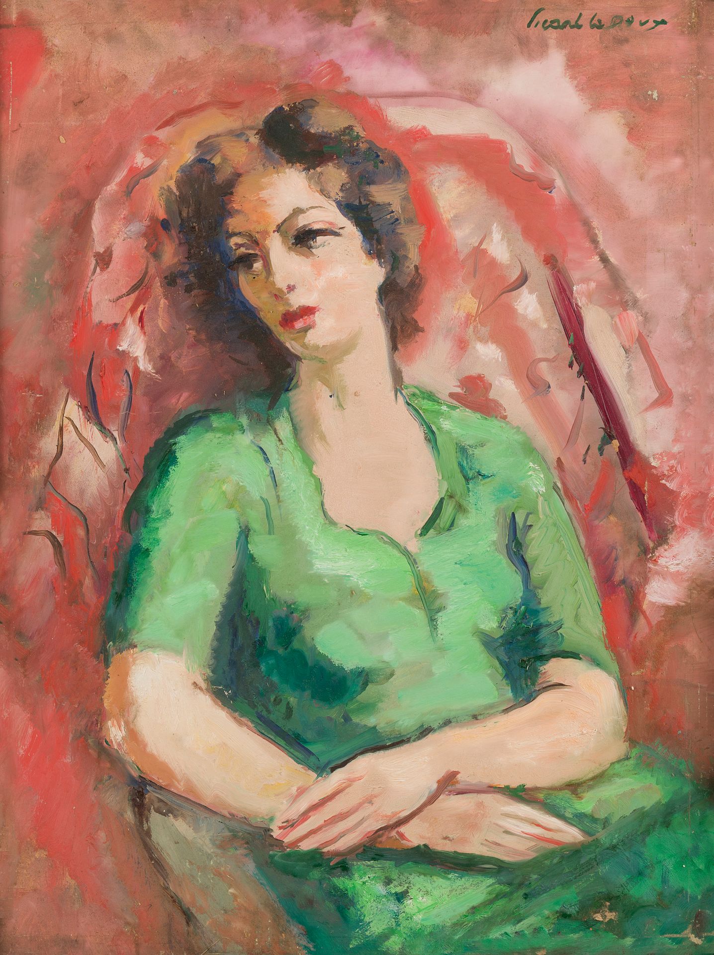 Null 查尔斯-皮卡特-勒杜(1881-1959)
坐在扶手椅上的杰奎琳-皮卡特-勒-杜克斯，1951年
右上角有签名的伊索尔油彩
61 x 46 cm