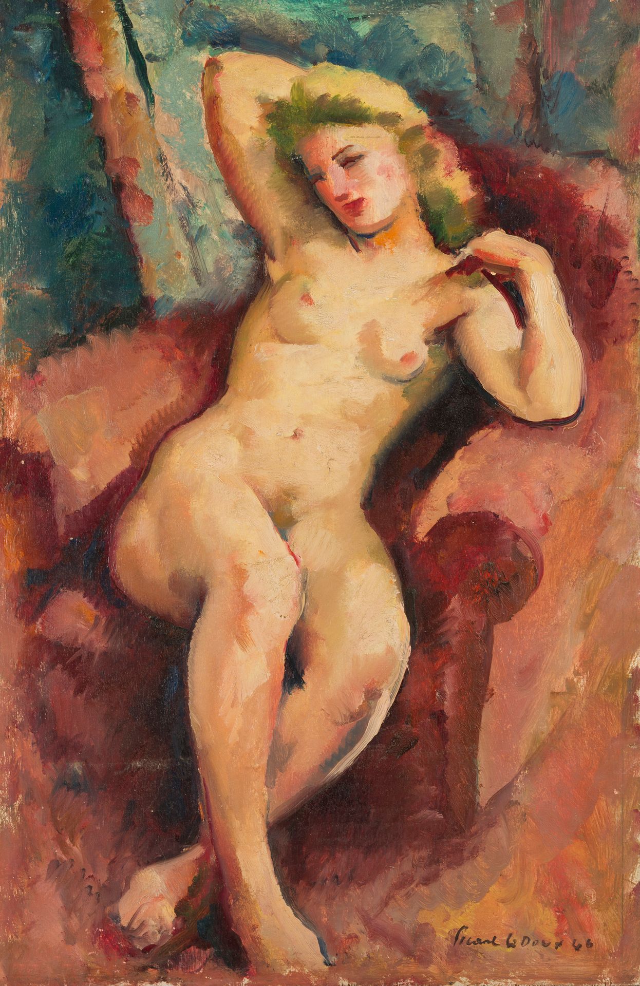 Null 查尔斯-皮卡特-勒杜(1881-1959)
扶手椅上的裸体，1946年
面板油画，右下角有签名和日期
72 x 47厘米