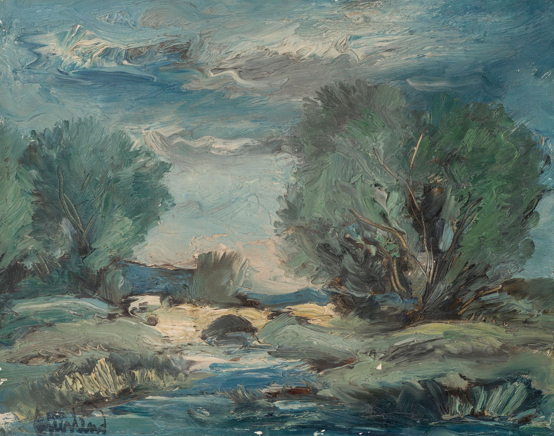 Null 安德斯-奥斯特林德 (1887-1960)
洛英河的边缘，1938年
布面油画，左下角有签名
19 x 24 cm

书目。
该作品将被收录在A. O&hellip;