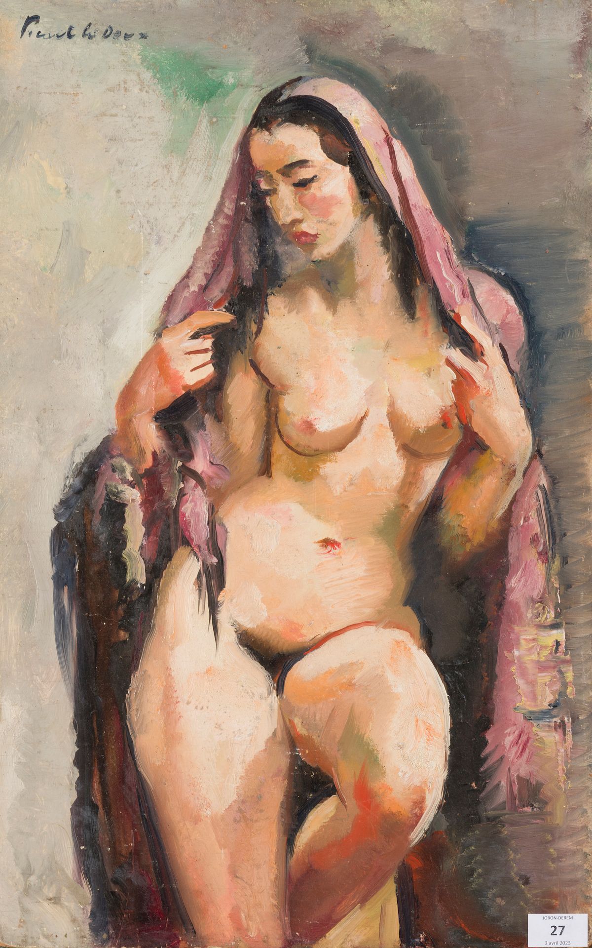 Null 夏尔-皮卡特-勒杜 (1881-1959)
带披肩的裸体，1950年
画板上的油画
左上方有签名
61 x 38 cm