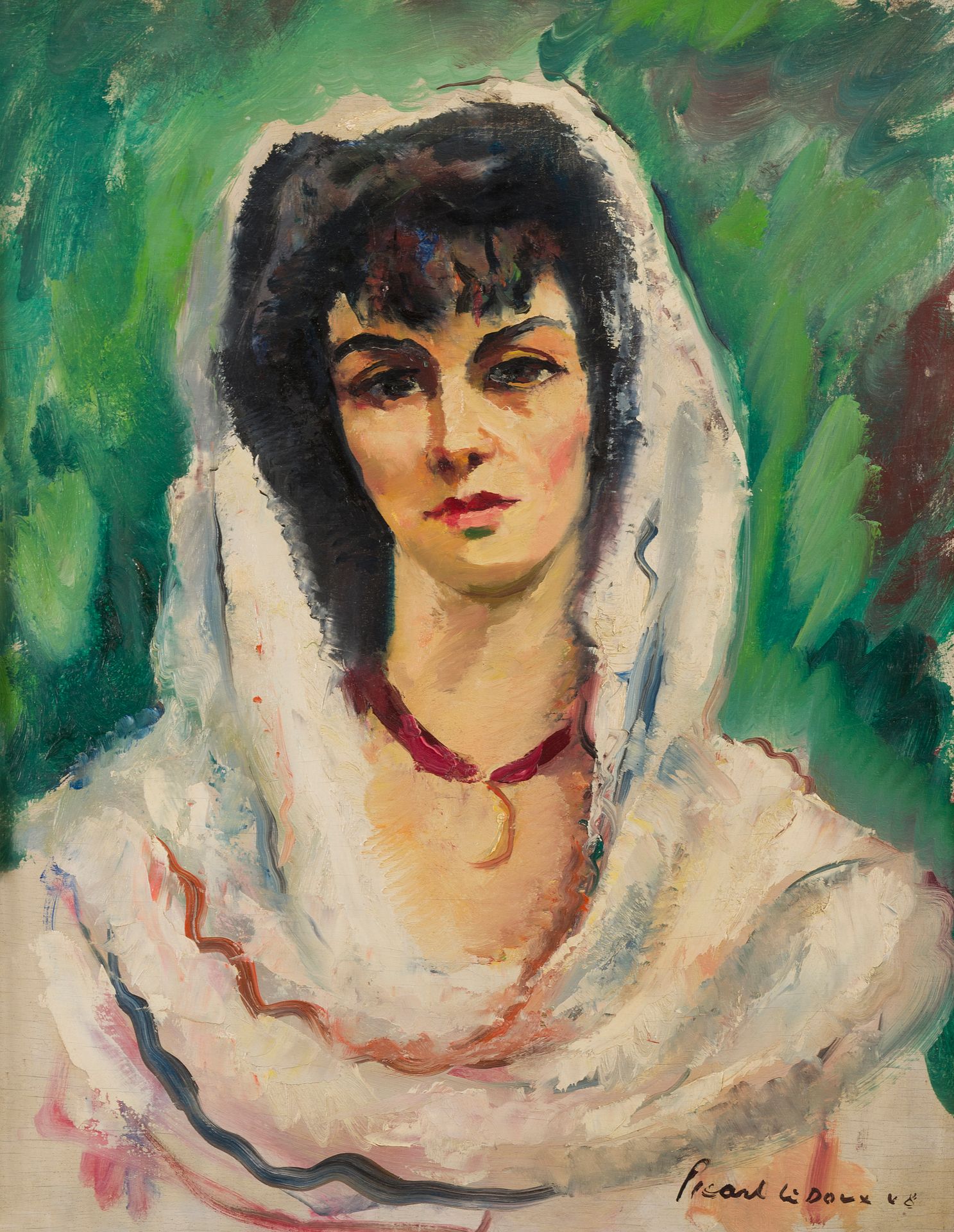 Null 查尔斯-皮卡特-勒杜 (1881-1959)
披着白披肩的肖像，1948年
板面油画，右下角有签名
65 x 50厘米